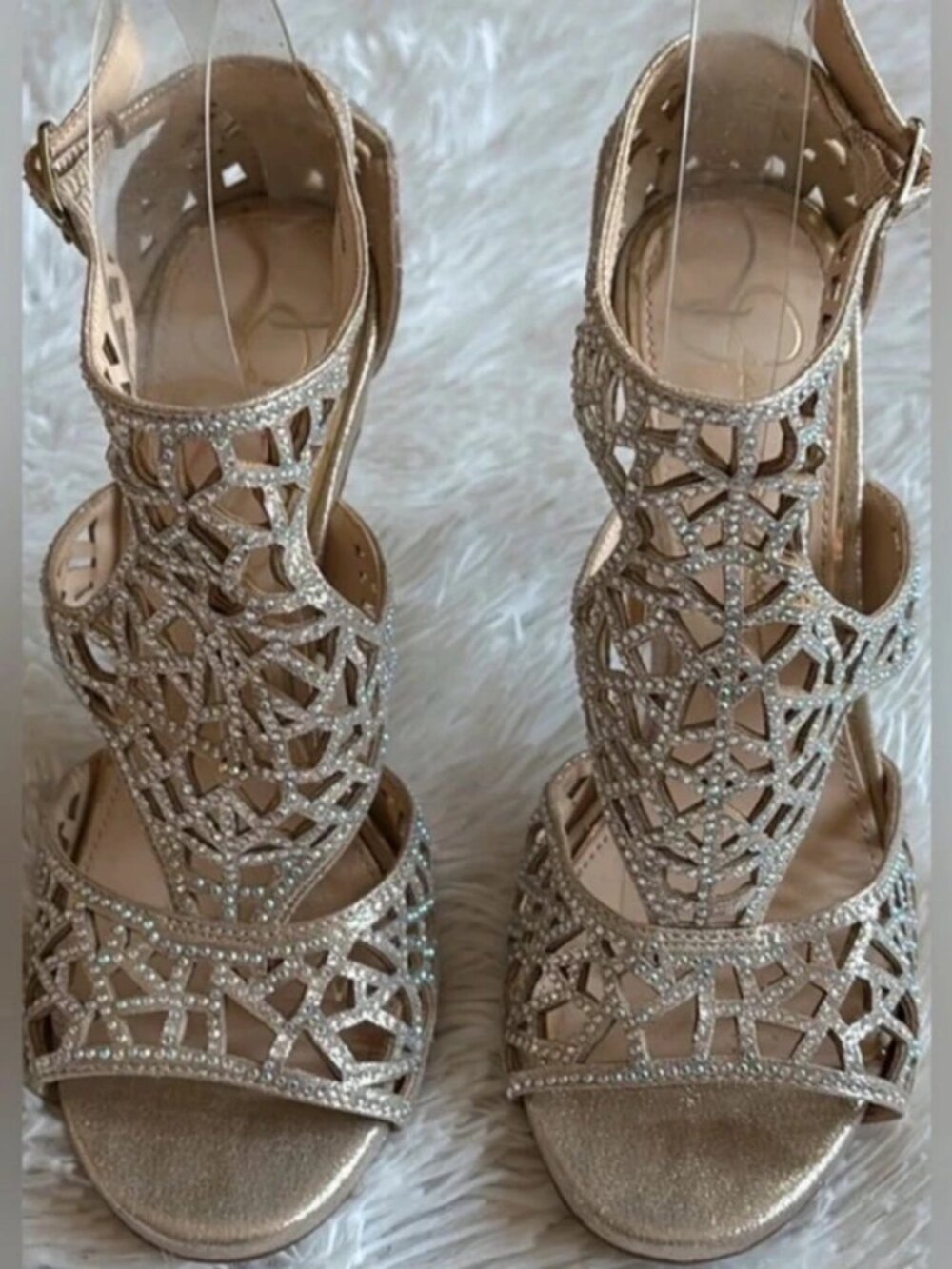 J Simpson golden cut out platform heels open toe party rhinestone sandals bootie